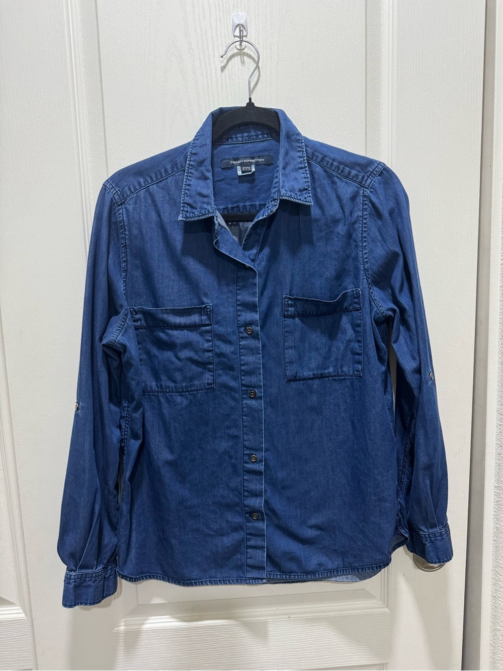 French Connection Blue Lyocell Button Front Utility Shirt Size S Roll Tab Sleeve